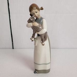 Lladro Girl with Lamb Sculpture - Cream, Brown, Gray